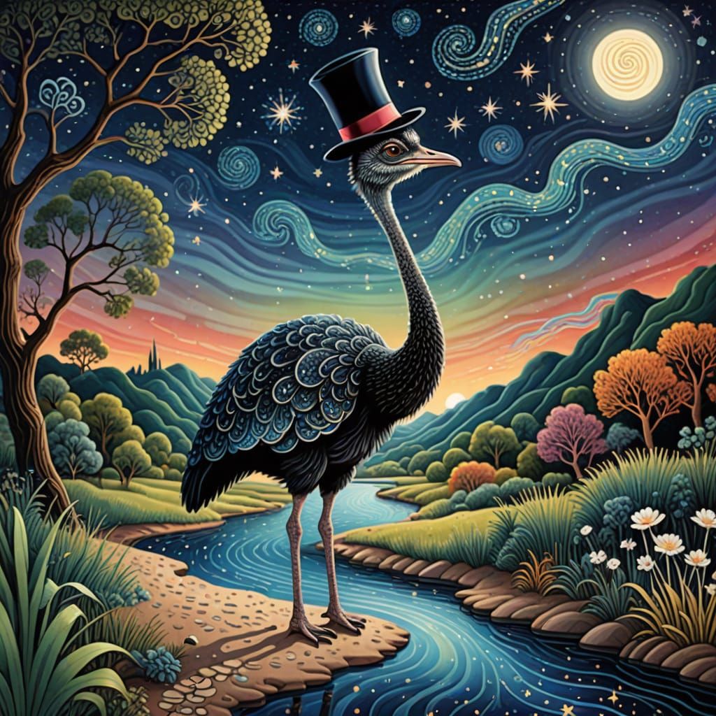 Surreal Ostrich in Top Hat by River