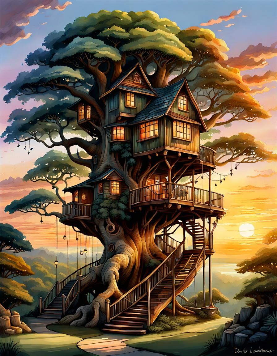 Treehouse at Sunset: Detailed Digital Painting