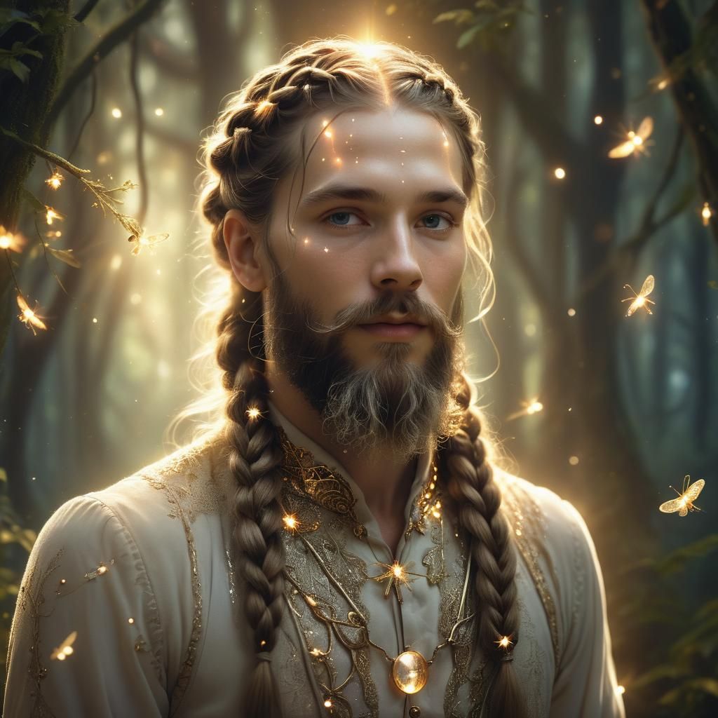 Man with Braided Beard in Surreal Magical Forest