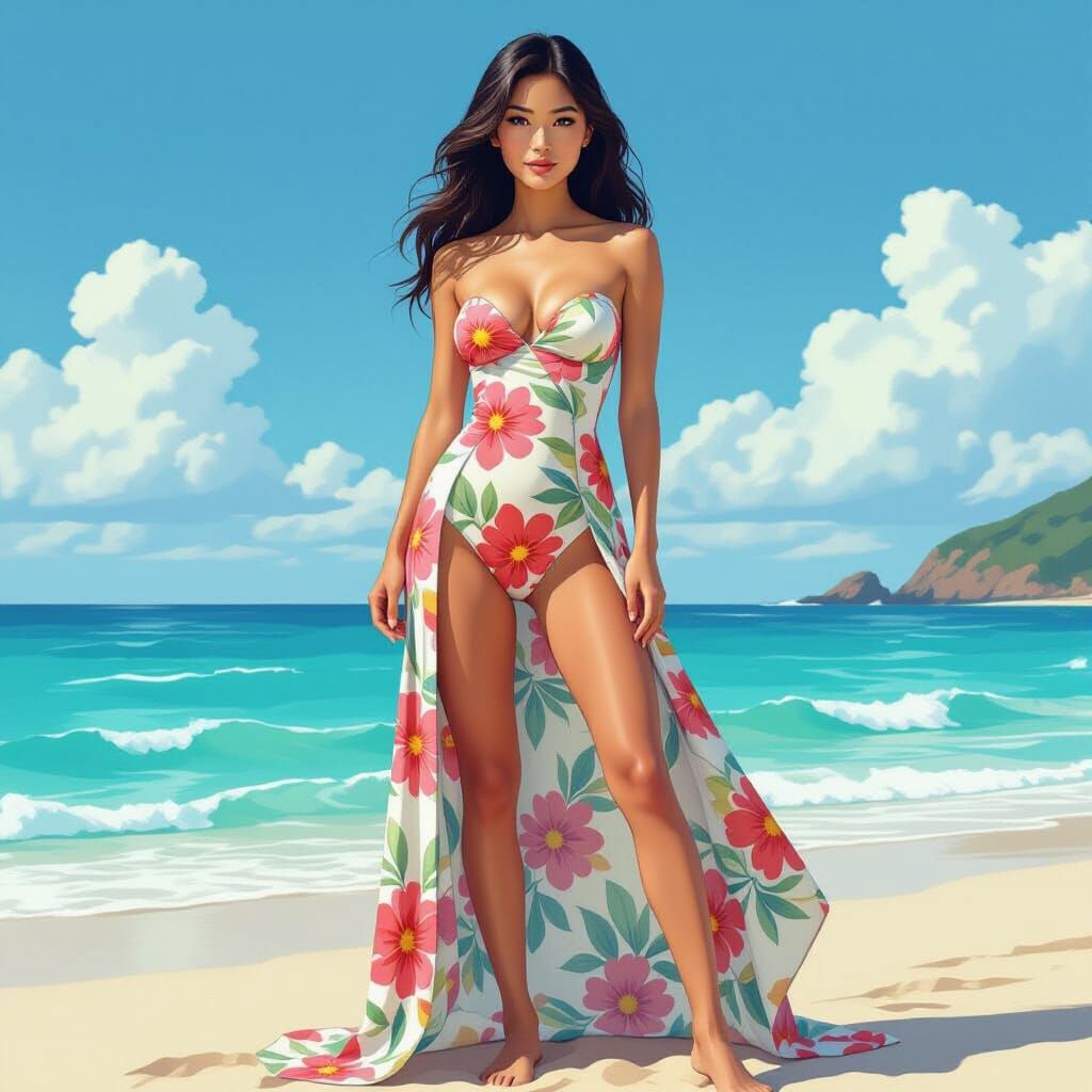 Confident Woman in Strapless Bikini by the Ocean