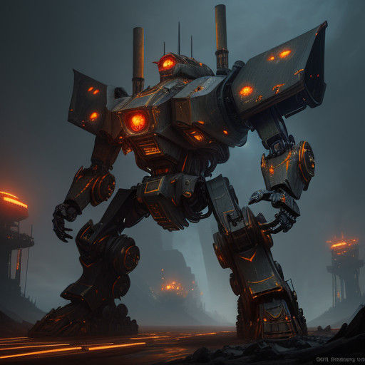 Gritty Fantasy Mech in Dark Industrial Landscape