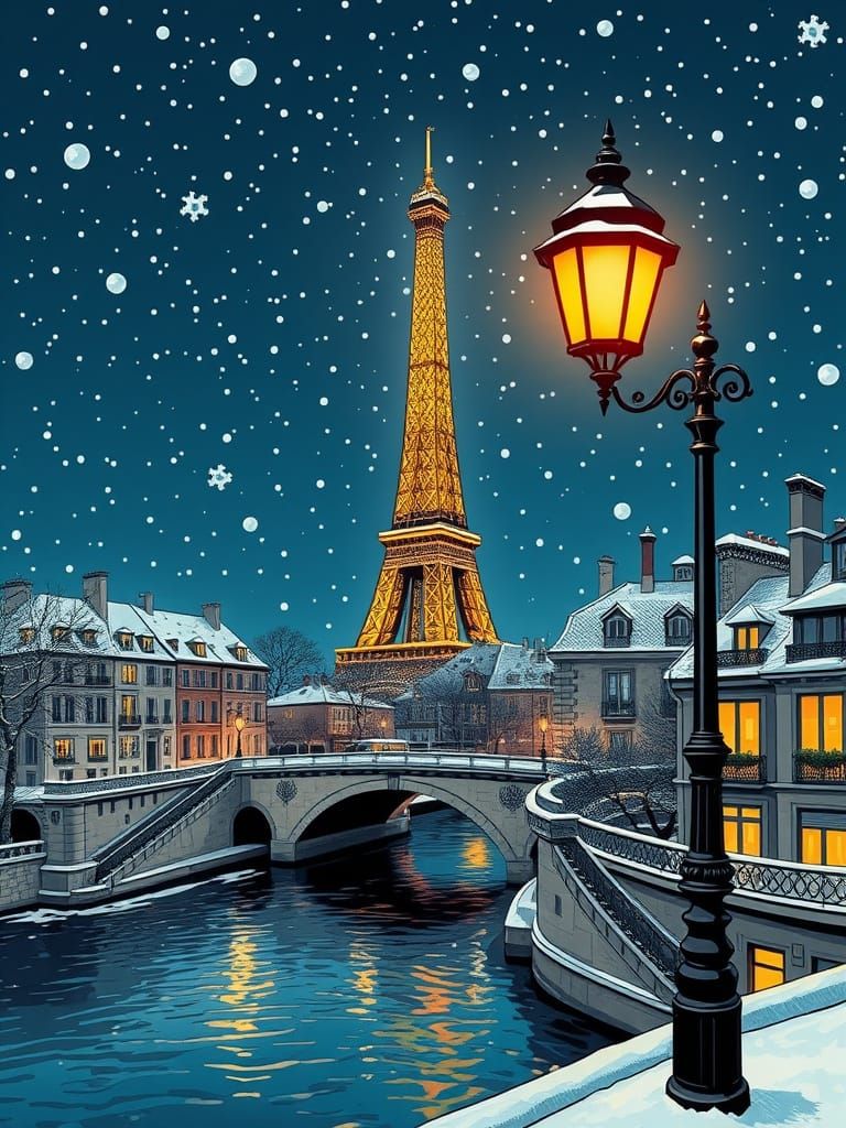 Snowy Paris Night Comic Art with Eiffel Tower