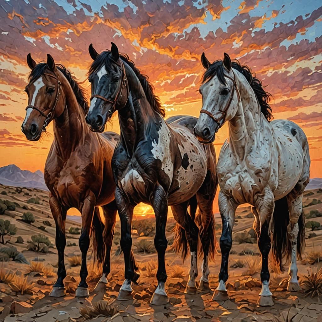 Akhal-Tekes in Impasto Texture at Sunset