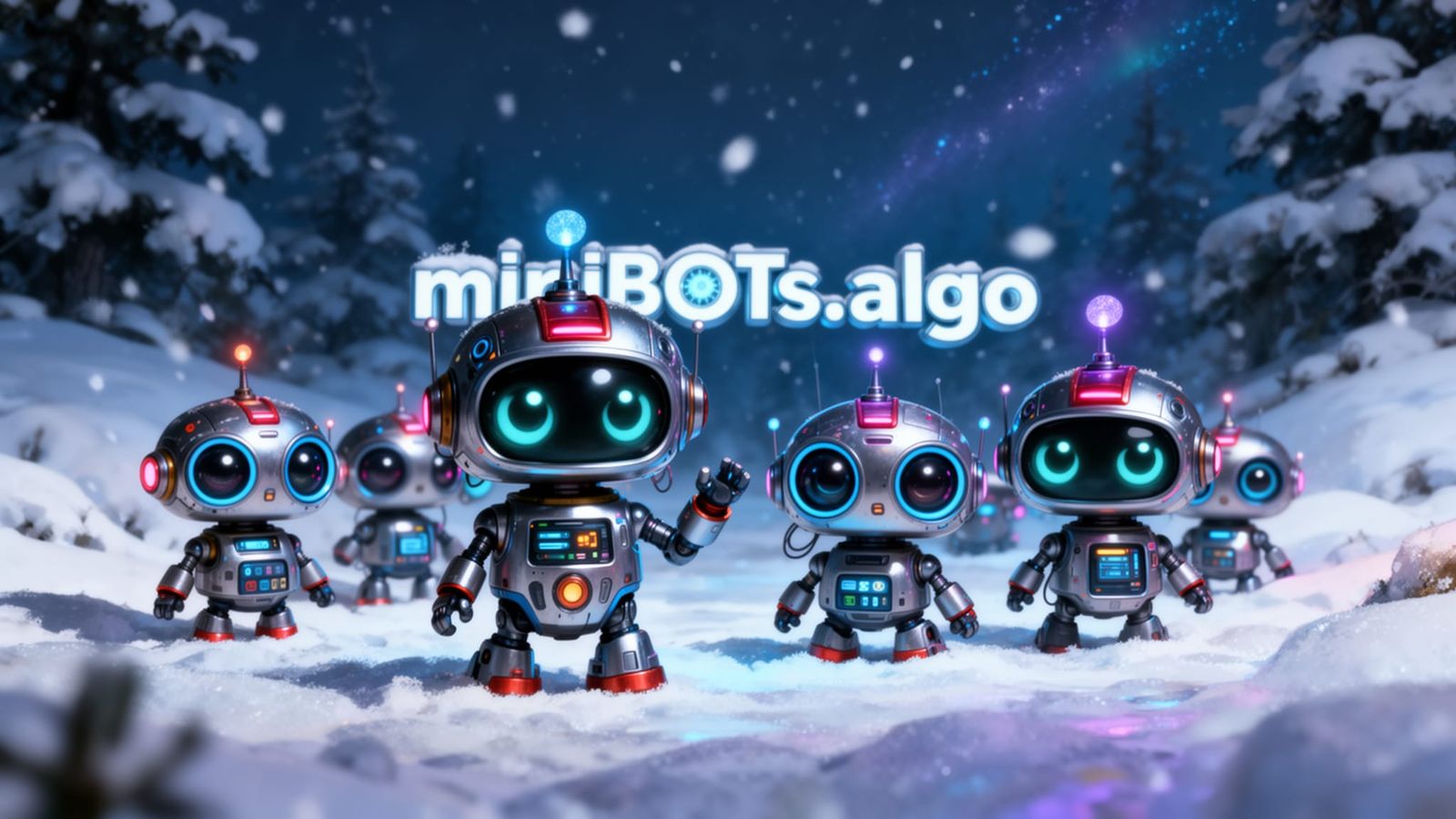 Christmas Mini Bots in Snowy Quantum Landscape