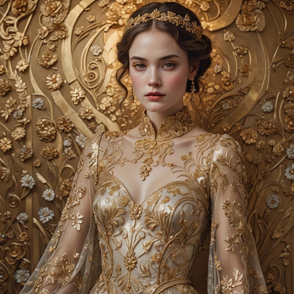 Elegant Woman in Gold Gown, Klimt-Inspired Portrait