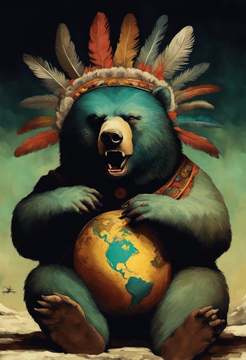Obese Bear with World in Psychedelic Horror Style