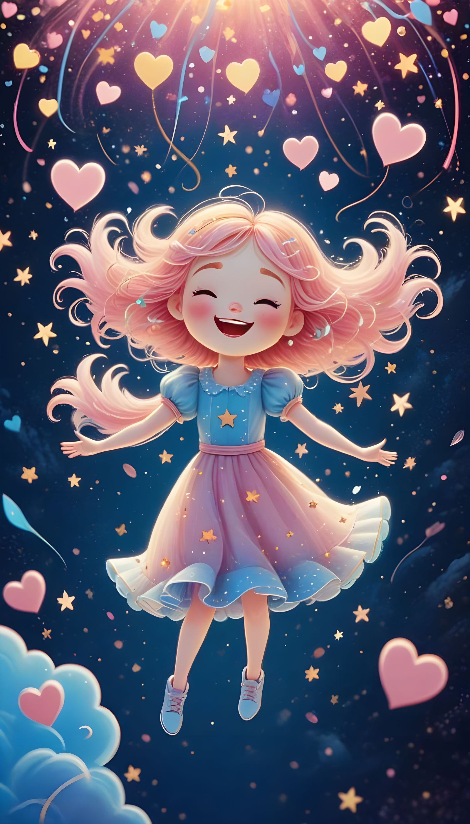 Whimsical Girl Surrounded by Hearts and Stars in Pastel Colo...
