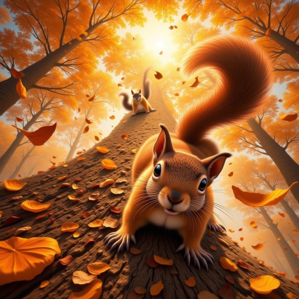 Squirrels Chase in Autumn Leaves - Painterly Surrealism