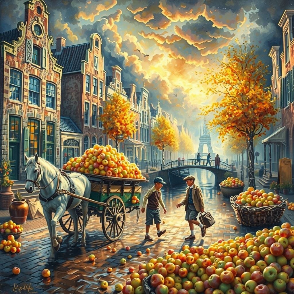 18th Century Amsterdam Street Scene in Neo-Expressionist Oil...