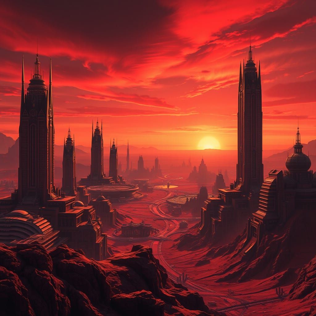 Majestic Martian Metropolis at Dusk in Art Deco Style
