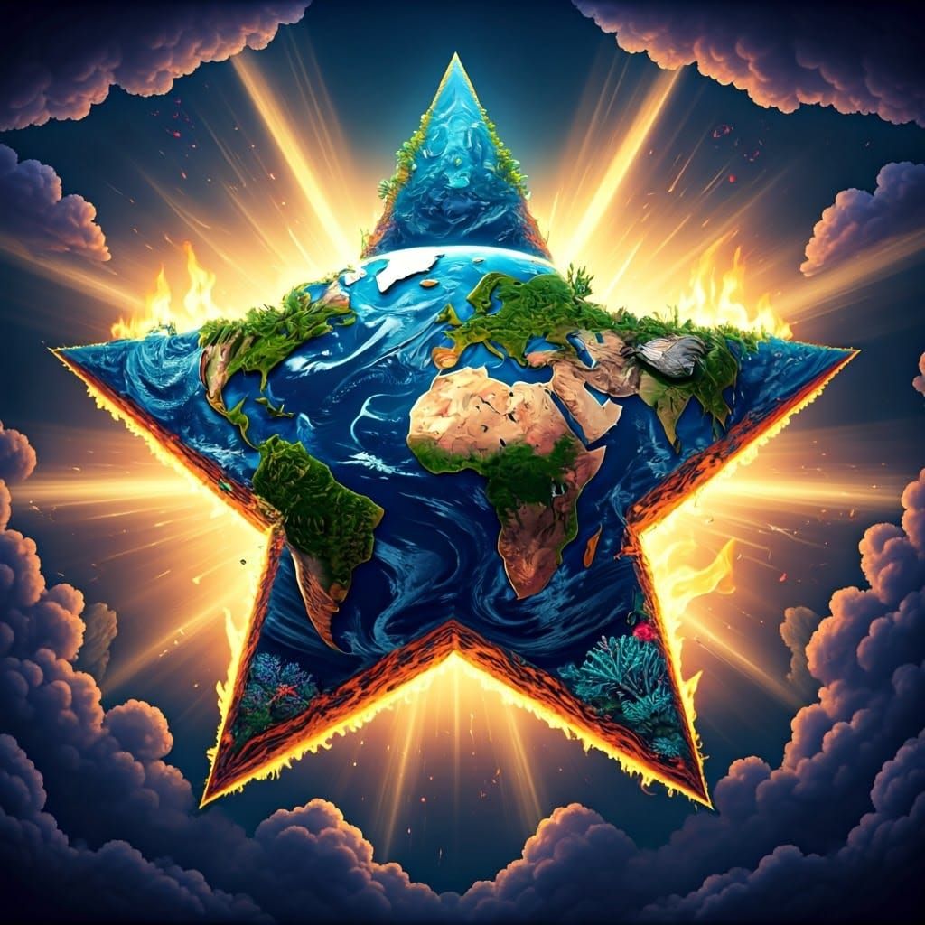 Vibrant Star-Shaped Earth with Iridescent Mist