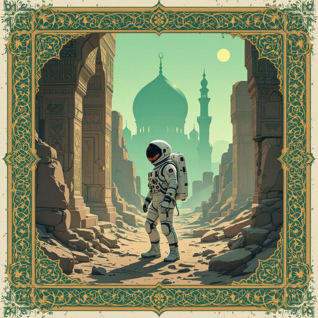 Astronaut Exploring Ancient Ruins with Islamic Art