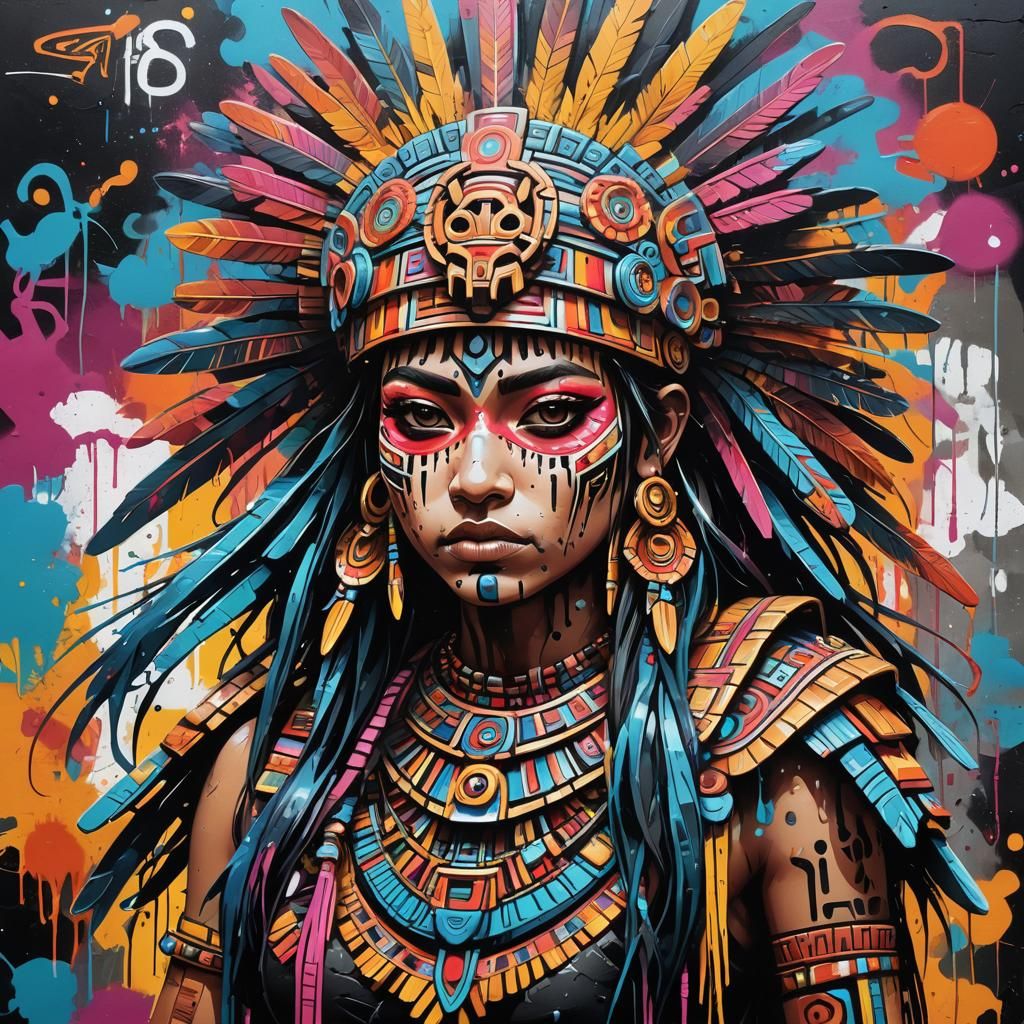Aztec Waifu Graffiti Art in Polychromatic Style