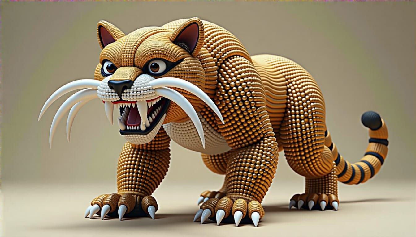 3D Sabre-Toothed Cat with Beaded Body, Pixar Style