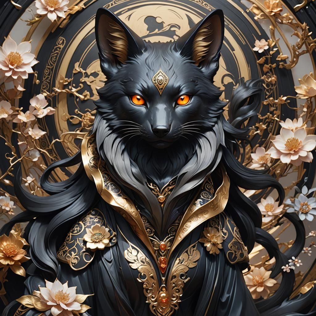 Black Porcelain Kitsune Portrait in Hyperdetailed Style