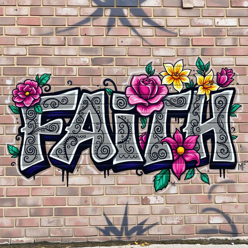 Graffiti Mural of Faith with Flowers in Urban Style