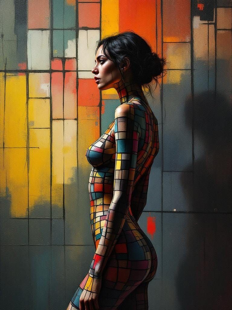Geometric Fusion: Woman Blends into Noir Art Deco