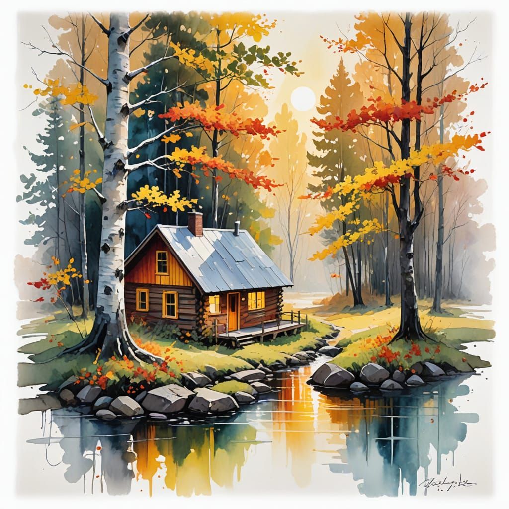 Vibrant Autumn Cabin Radiates Optimism in Abstract Style