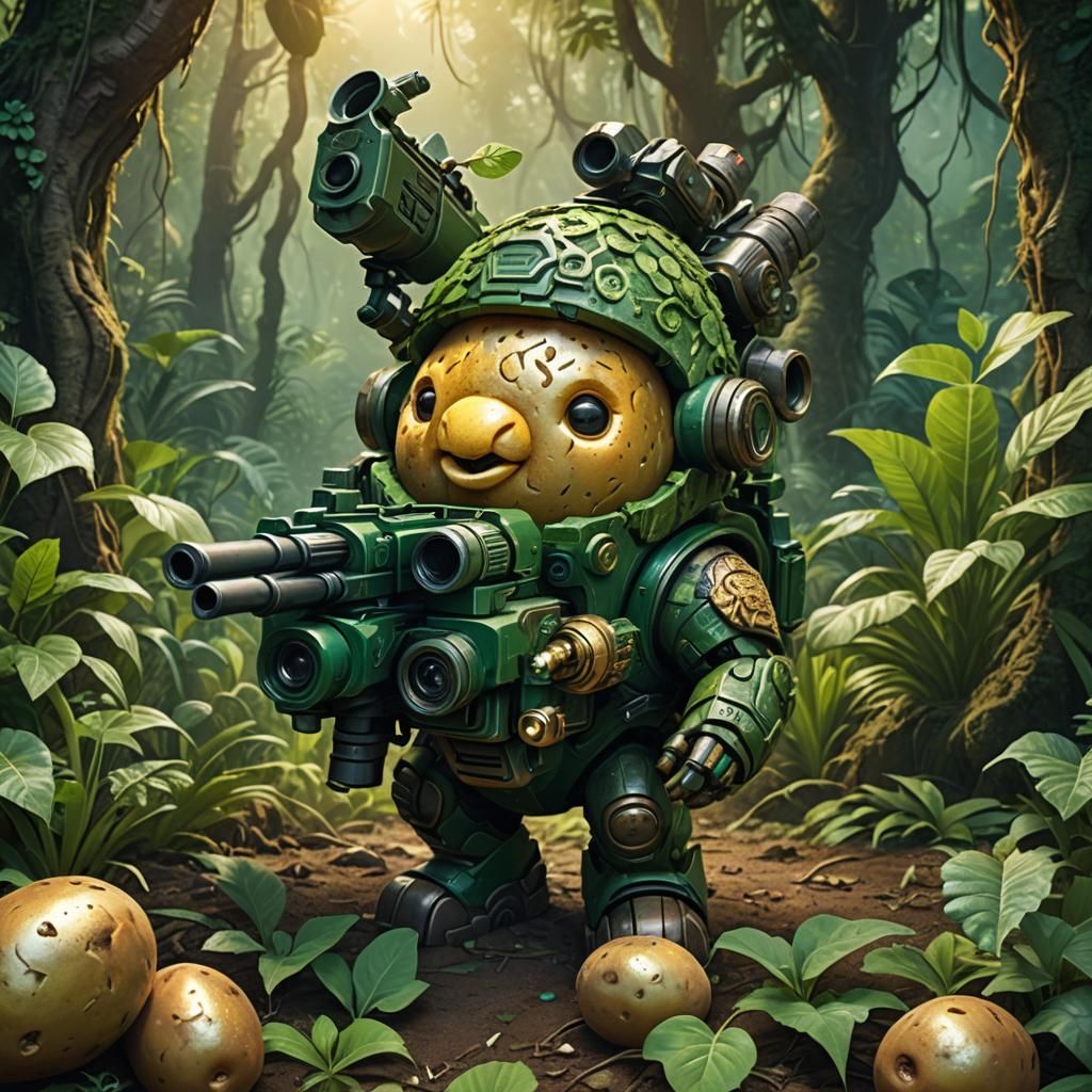 Potato with Grenade Launcher in Jungle, Fantasy Art