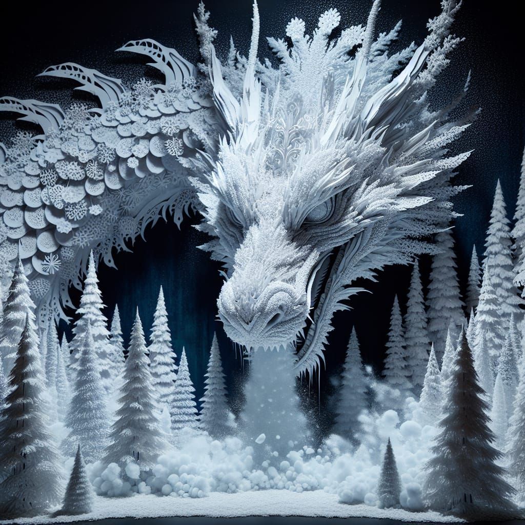White Dragon Emerges from Snowy Forest in Hyperrealism