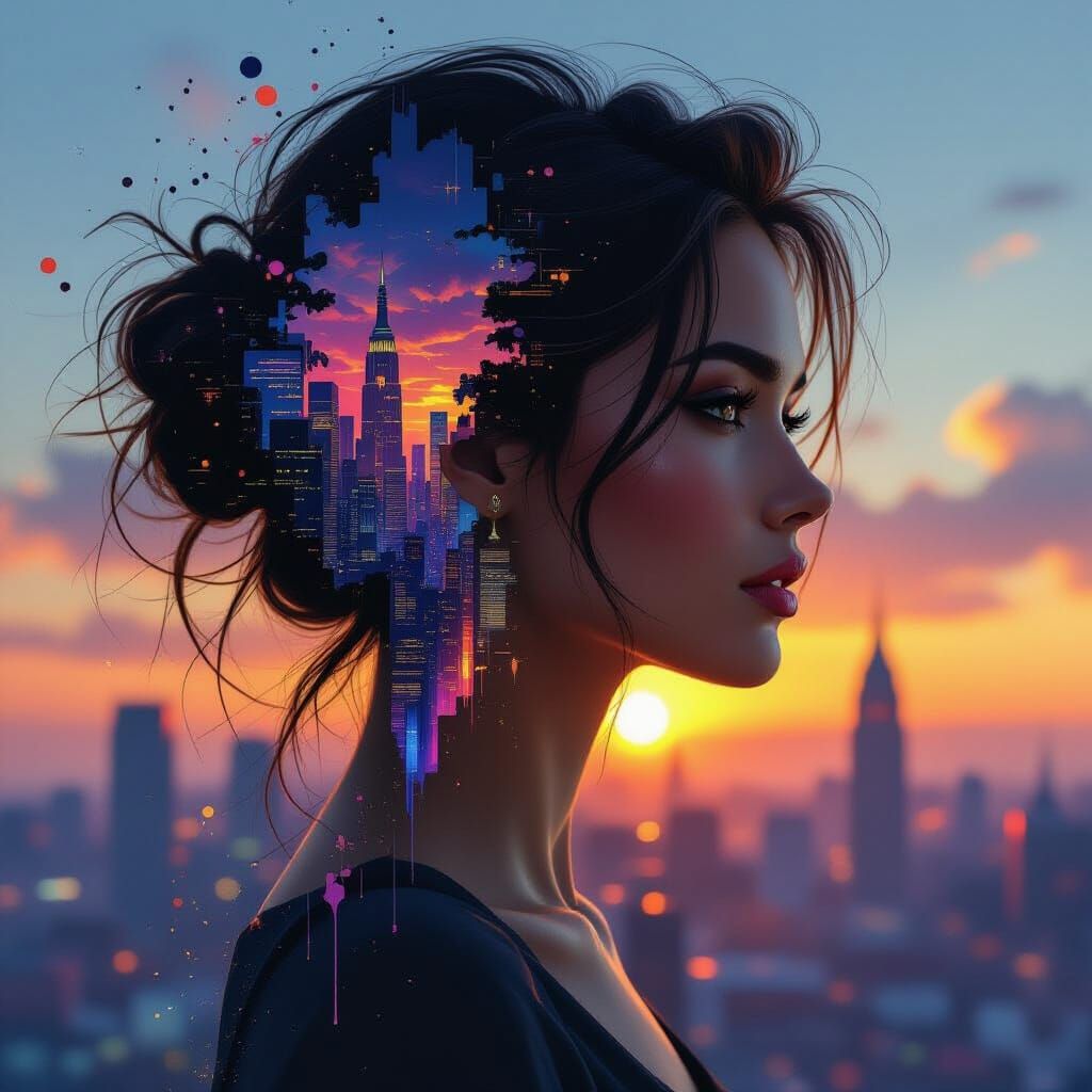 Cityscape Inside Female Silhouette, Hyperrealistic Splash Ar...