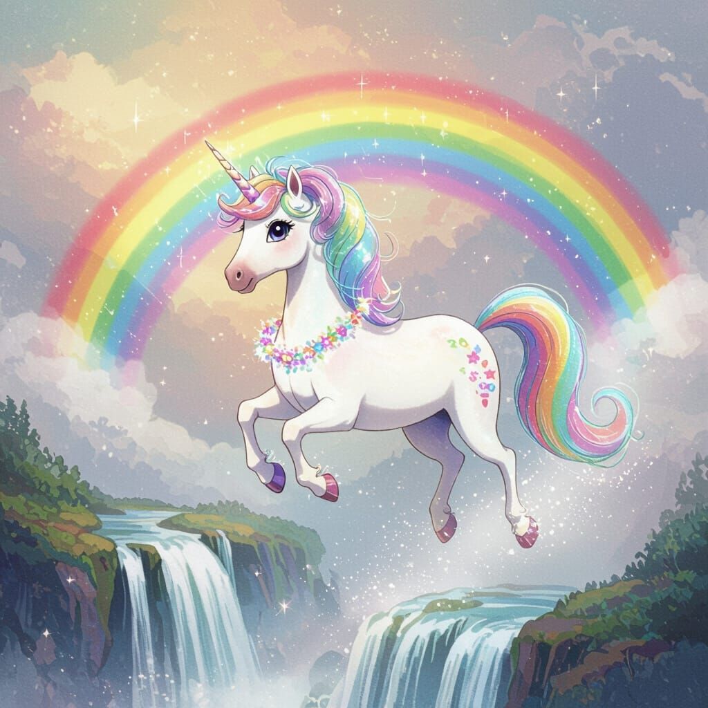 Rainbow Unicorn Soars Past Waterfall in Whimsical Watercolor...