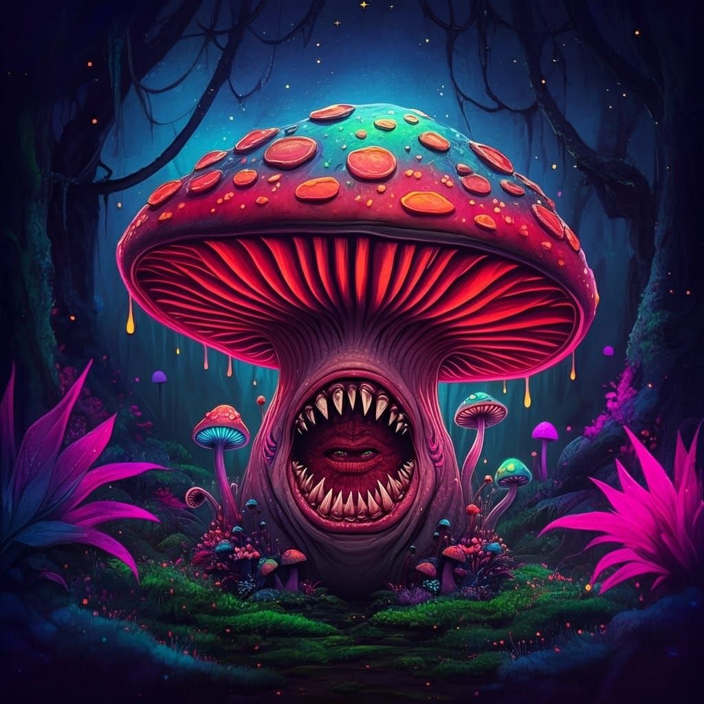 Neon Mushroom Monster in Bioluminescent Alien Forest