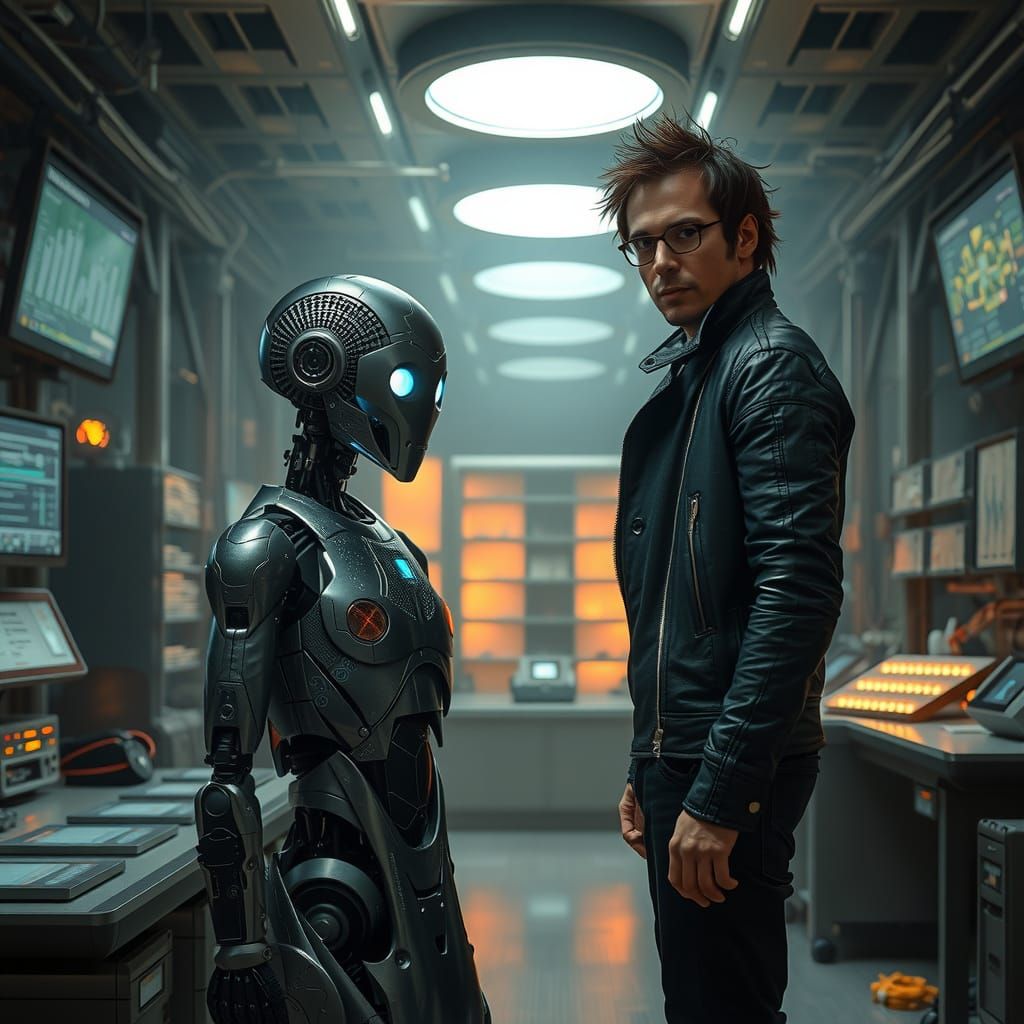 Cyberpunk Robotics Engineer Stands Beside Nova in High-Tech ...