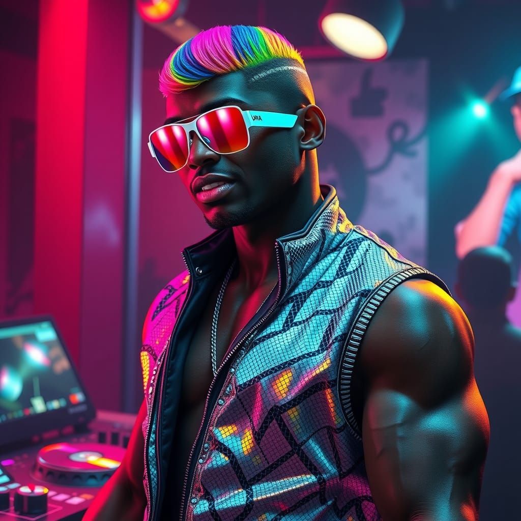 Nightclub DJ with Rainbow Hair in Digital Art