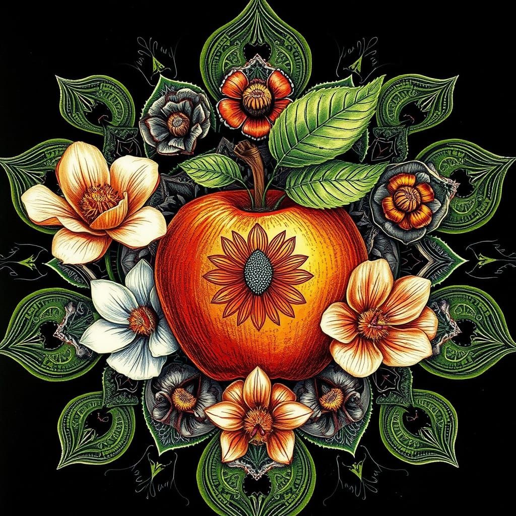 Surreal Mandala Blooms with Sinister Apple in Floral Chaos