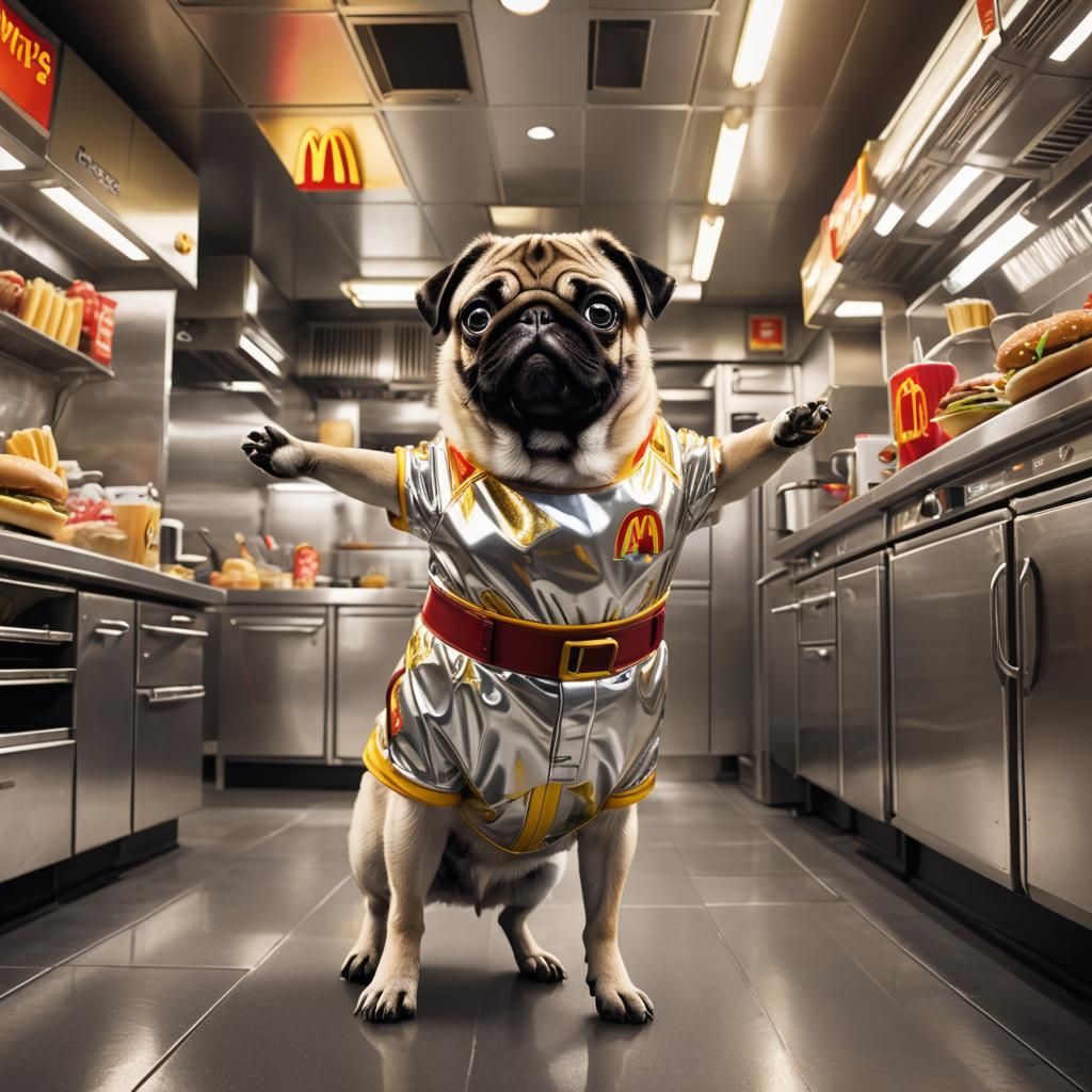 Pug Worker in High-Tech McDonald's Kitchen