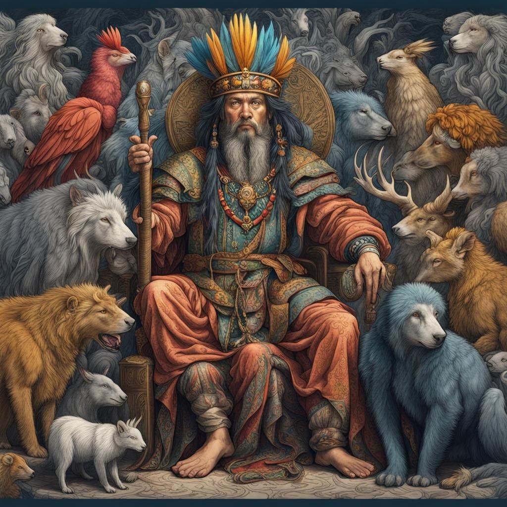 Inca King Surrounded by Animals, Dürer-Style Etching