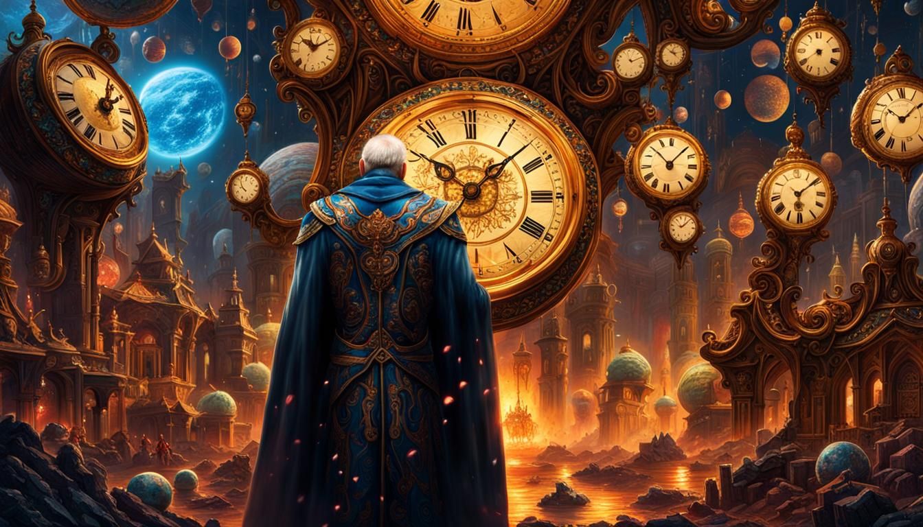 Astral Timekeeper: Cosmic Cape and Clocks in Digital Art