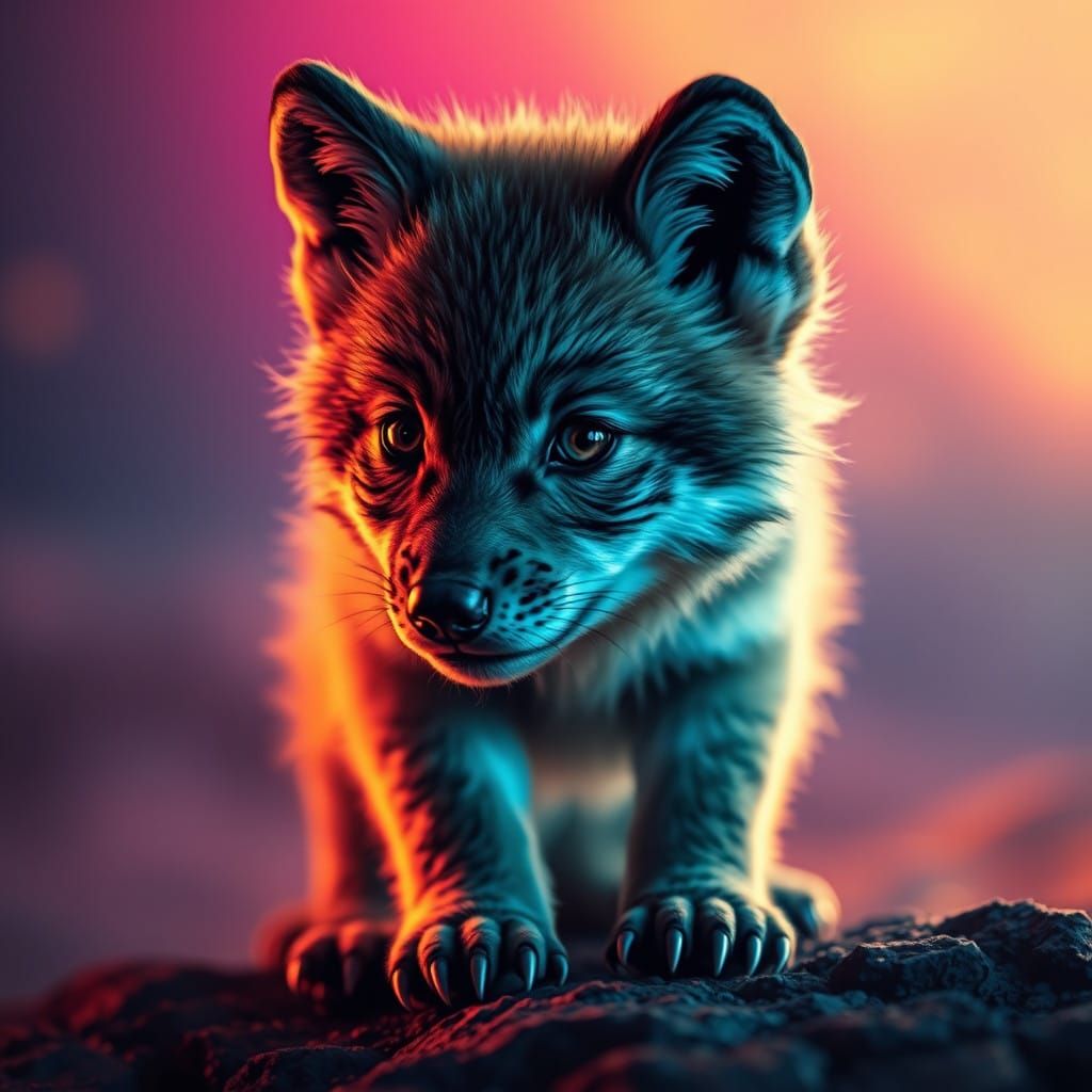 Realistic Cub Wolf Portrait in a Vibrant Futuristic Landscap...