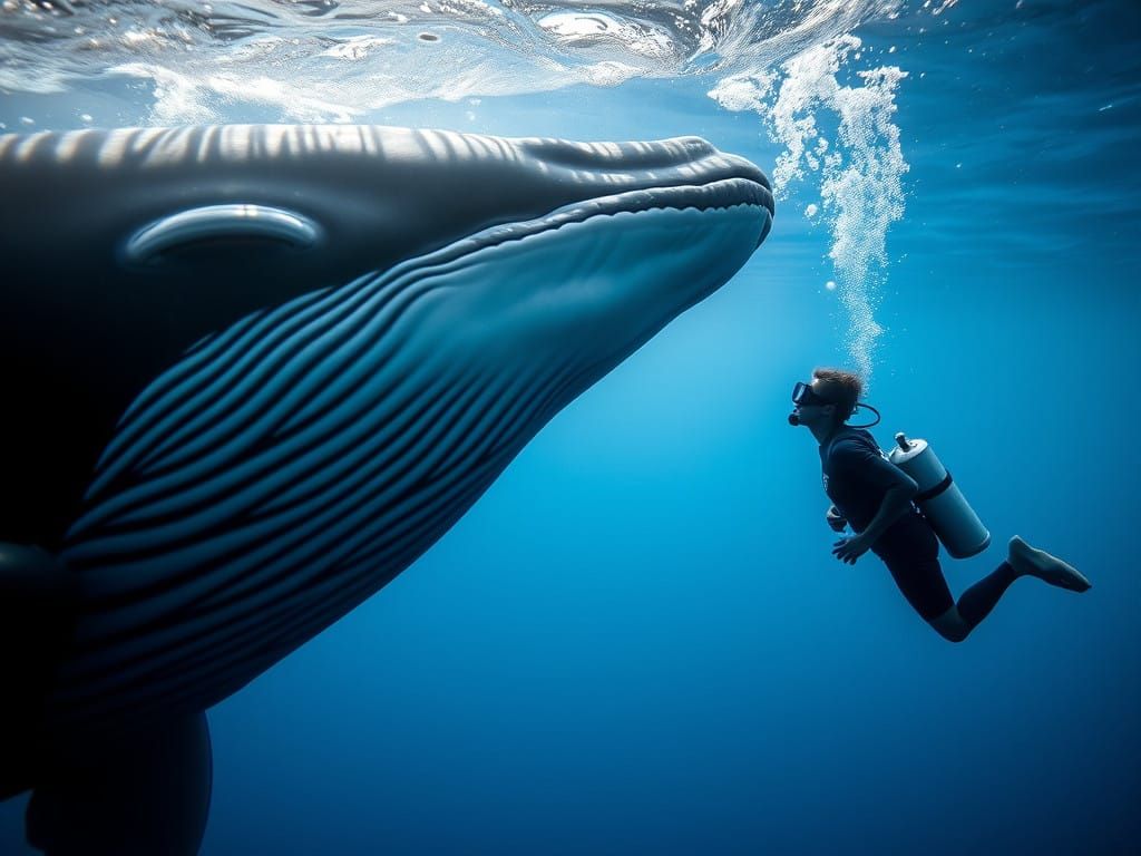 Whale's Intense Gaze Meets Diver in Underwater Encounter
