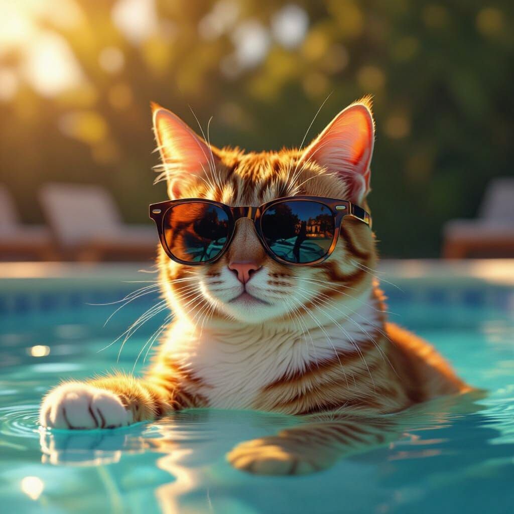 Cool Cat with Sunglasses by the Pool, Photorealistic