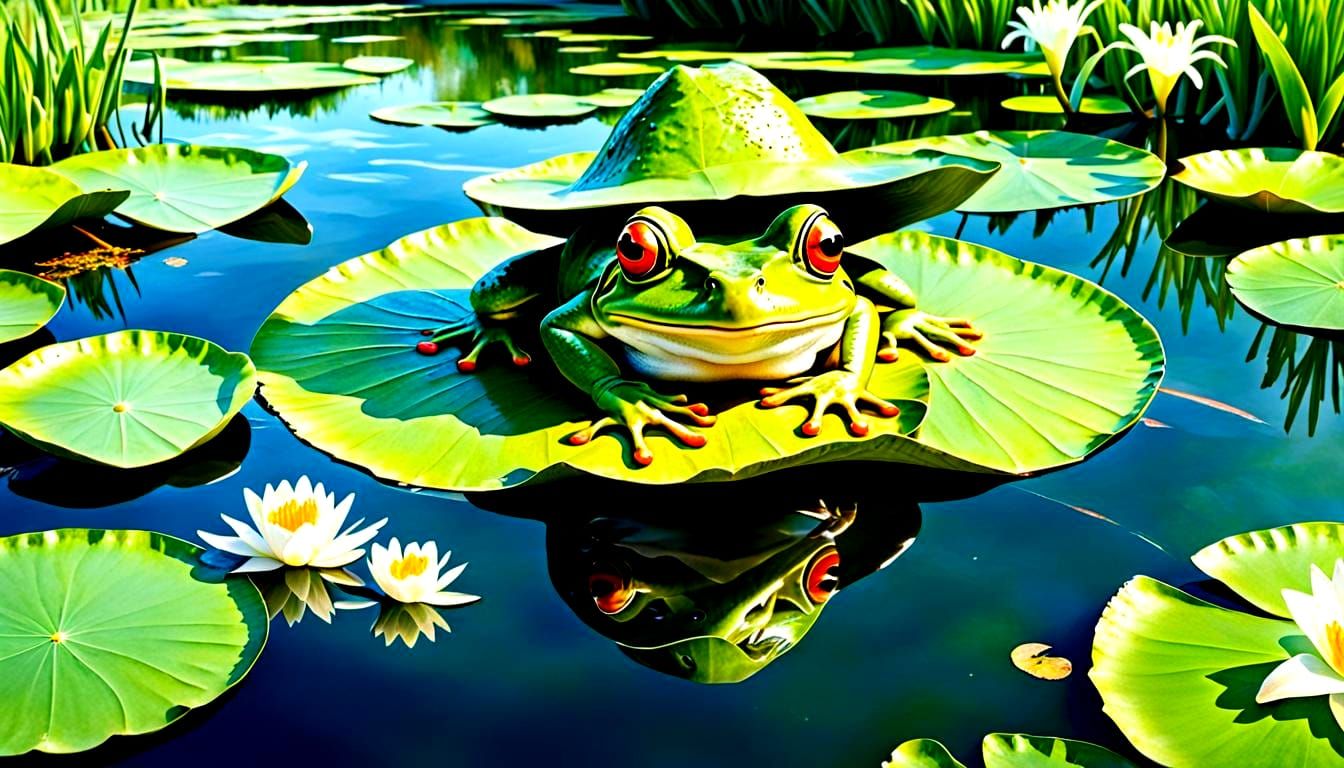 Frog in Sun Hat on Lily Pad
