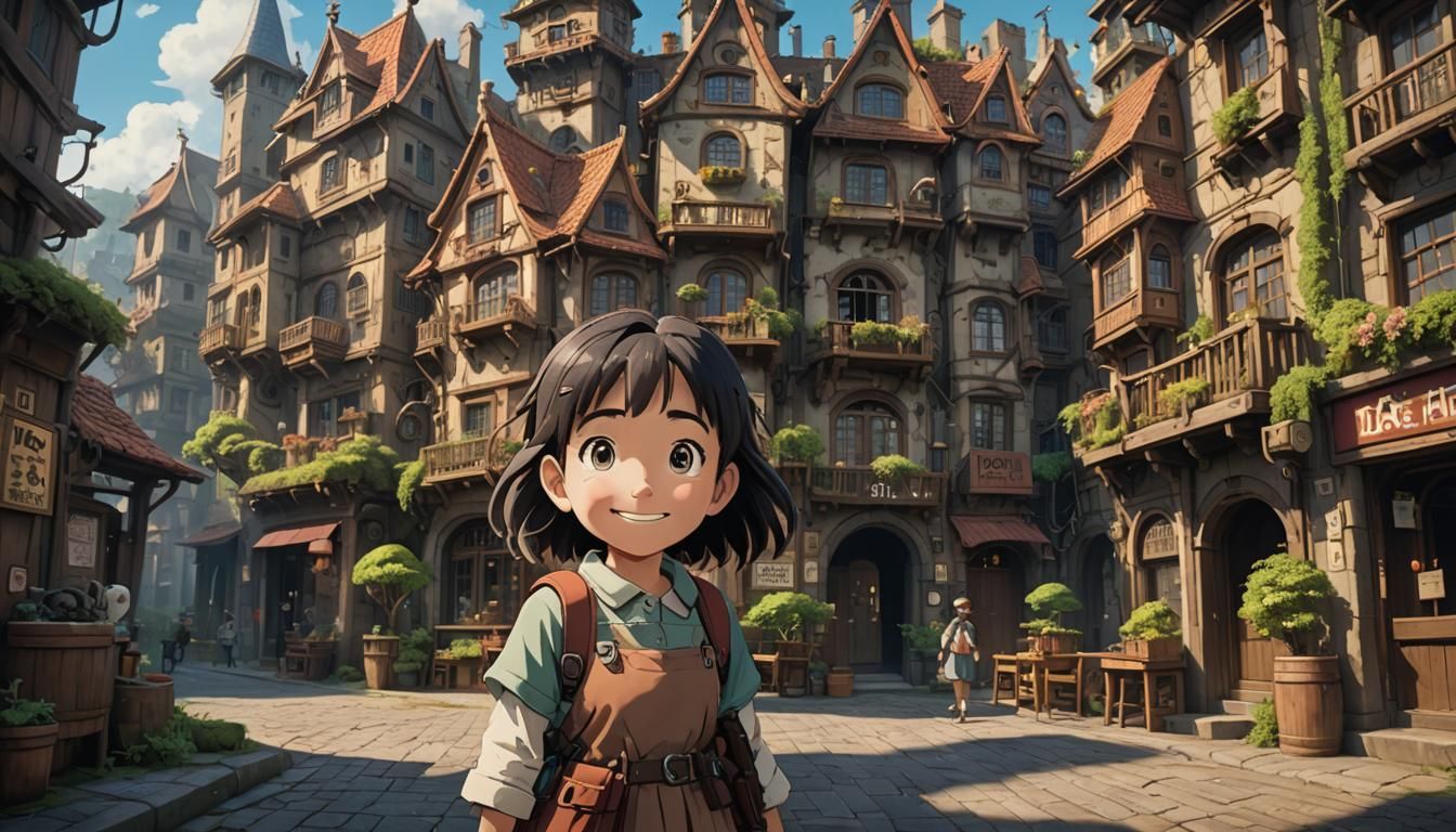 Smiling Girl's Eye for Architecture, Ghibli Cartoon
