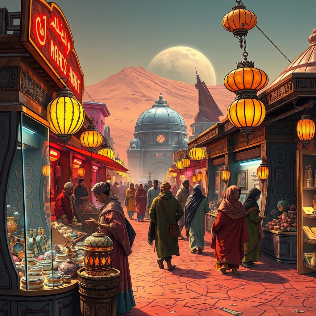 Futuristic Martian Bazaar in Golden Light