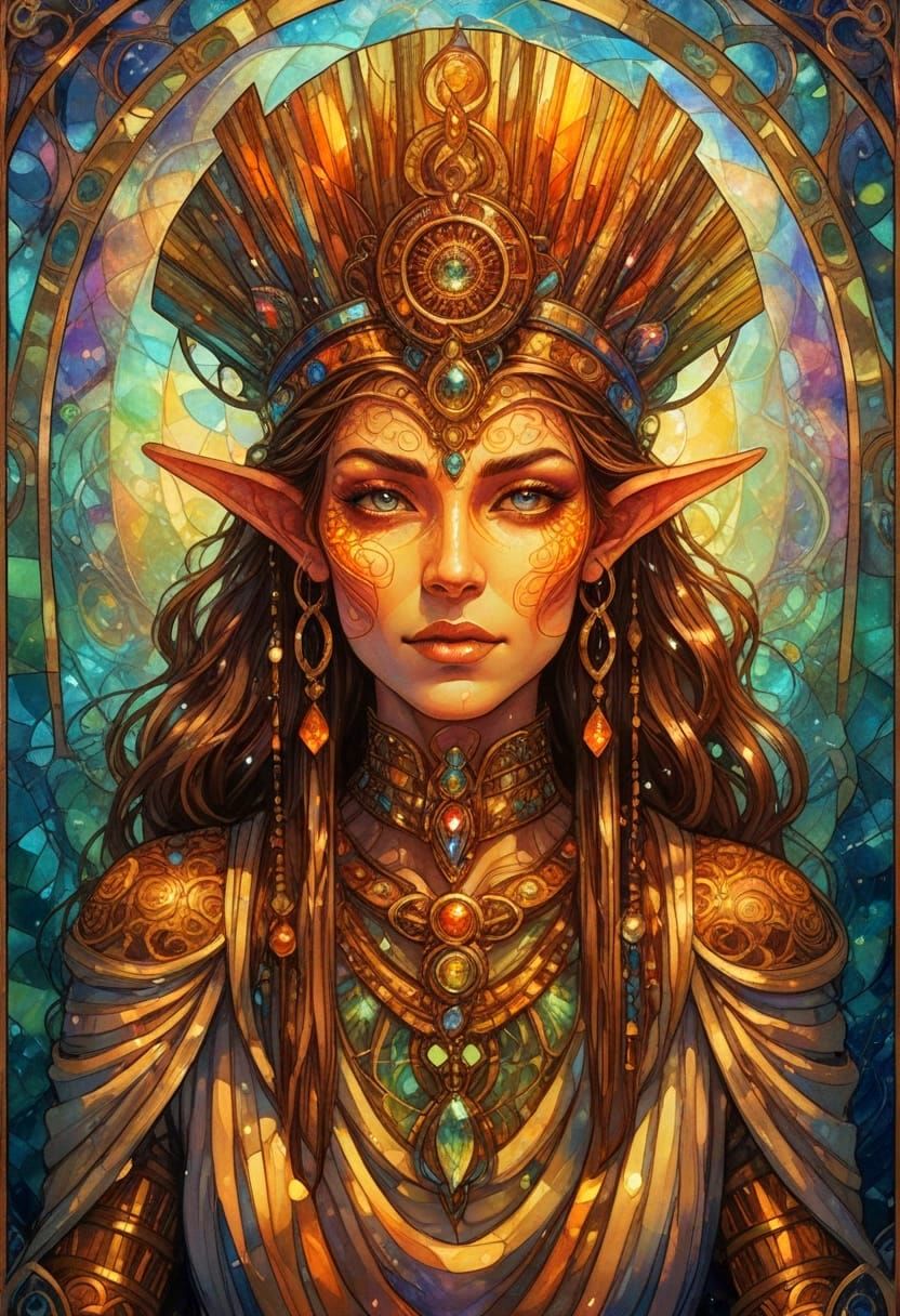 Magical Fantasy Creature Portrait in Stained Glass Style