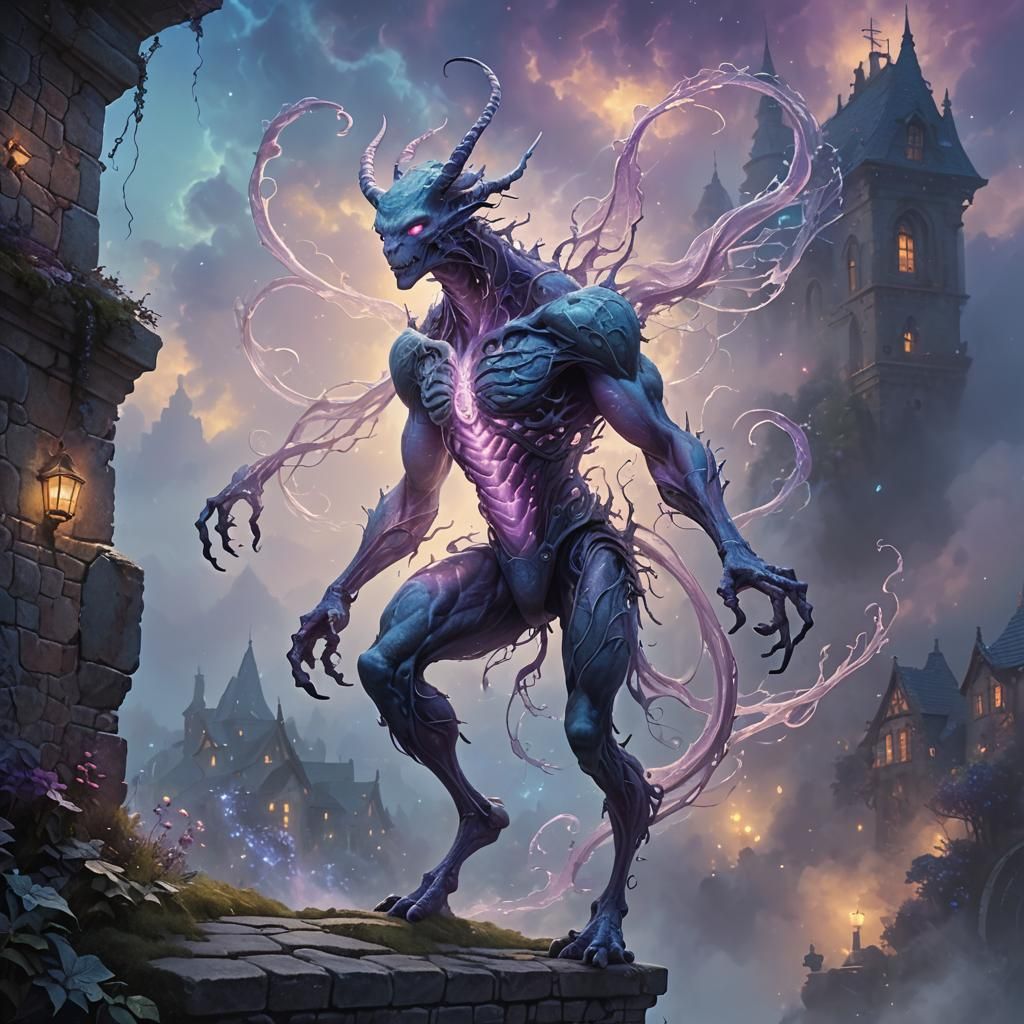 Ethereal Fantasy Creature Climbing Wall in Misty Landscape