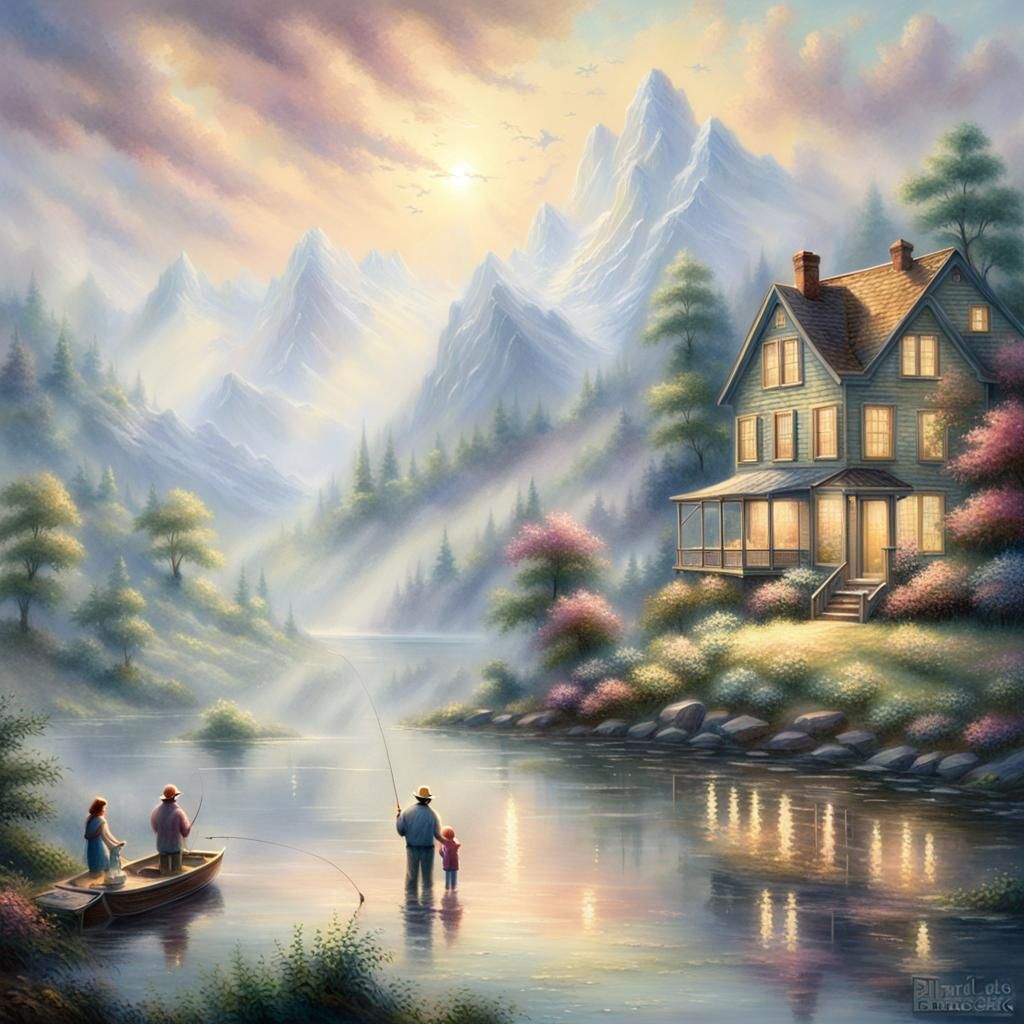 Father and Daughter Fishing in Sunlight: Kinkade Style
