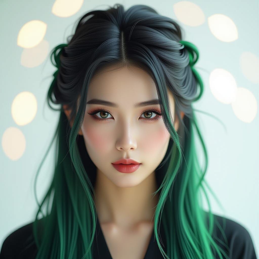 Hyperrealistic Asian Woman With Wacky Green Hair