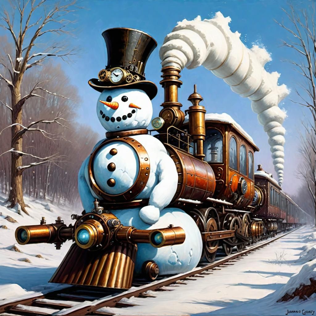 Funny snowman as steampunk train.