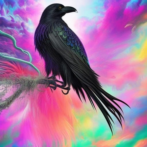 Detailed Crow with Vibrant Feathers, Digital Art