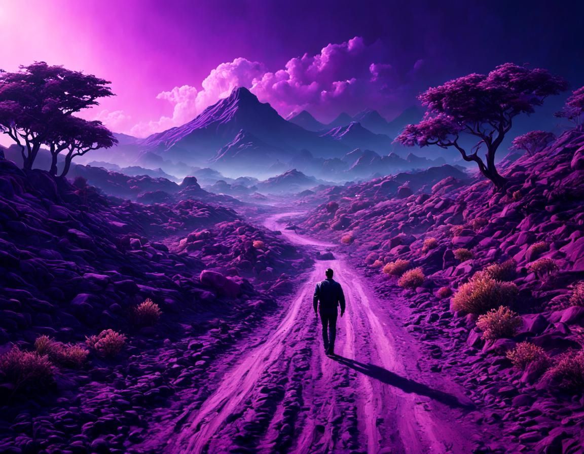 Vaporwave Man Walks Dusty Road: Hyperrealistic Poster
