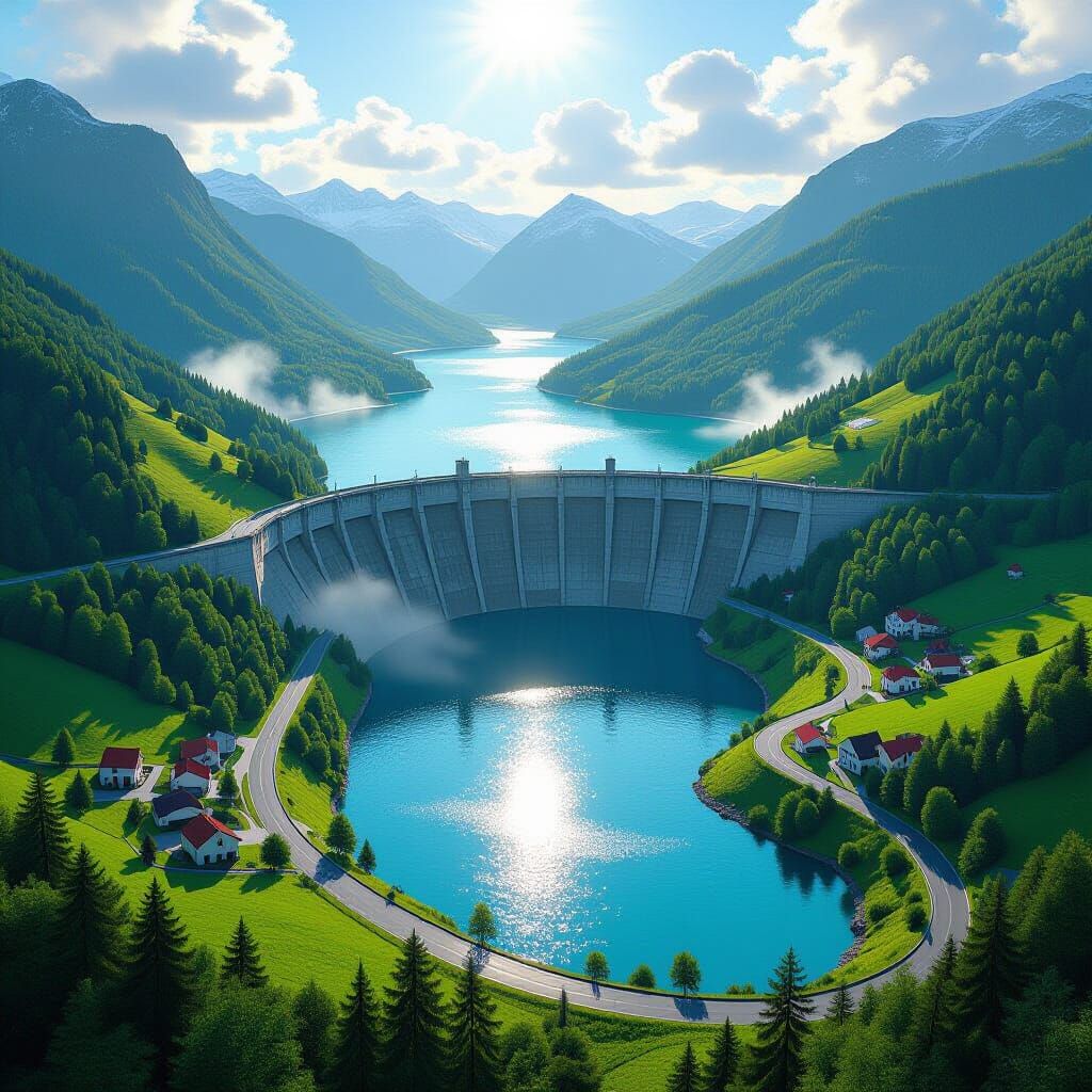Massive Dam in Lush Valley, Realistic Landscape