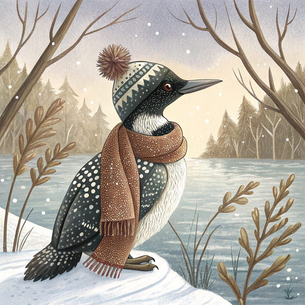 Loon in Winter Hat: Folk-Art Illustration