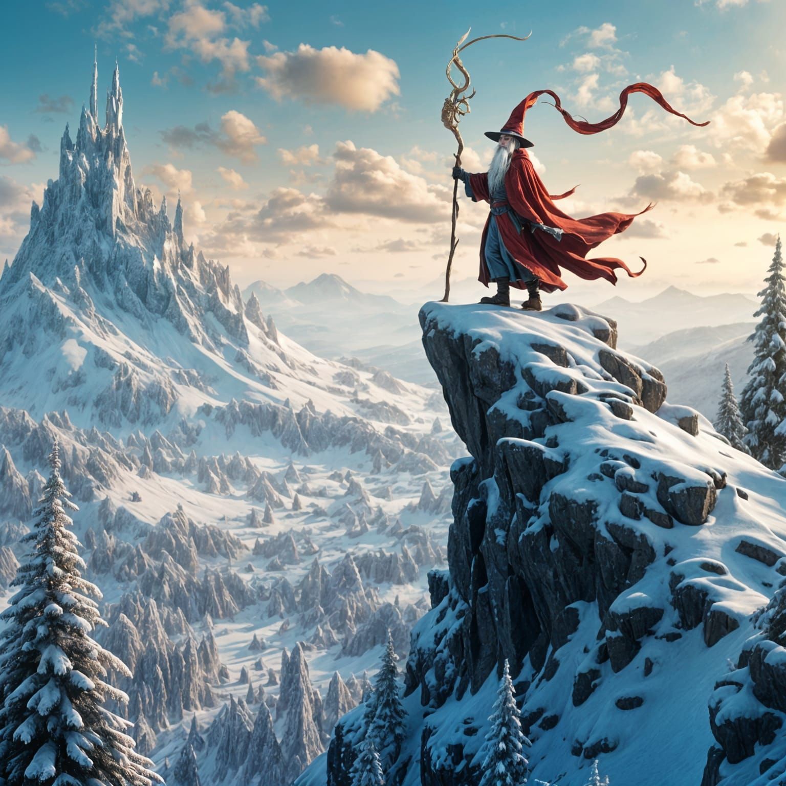 Wizard on Mountain Peak with Long Staff