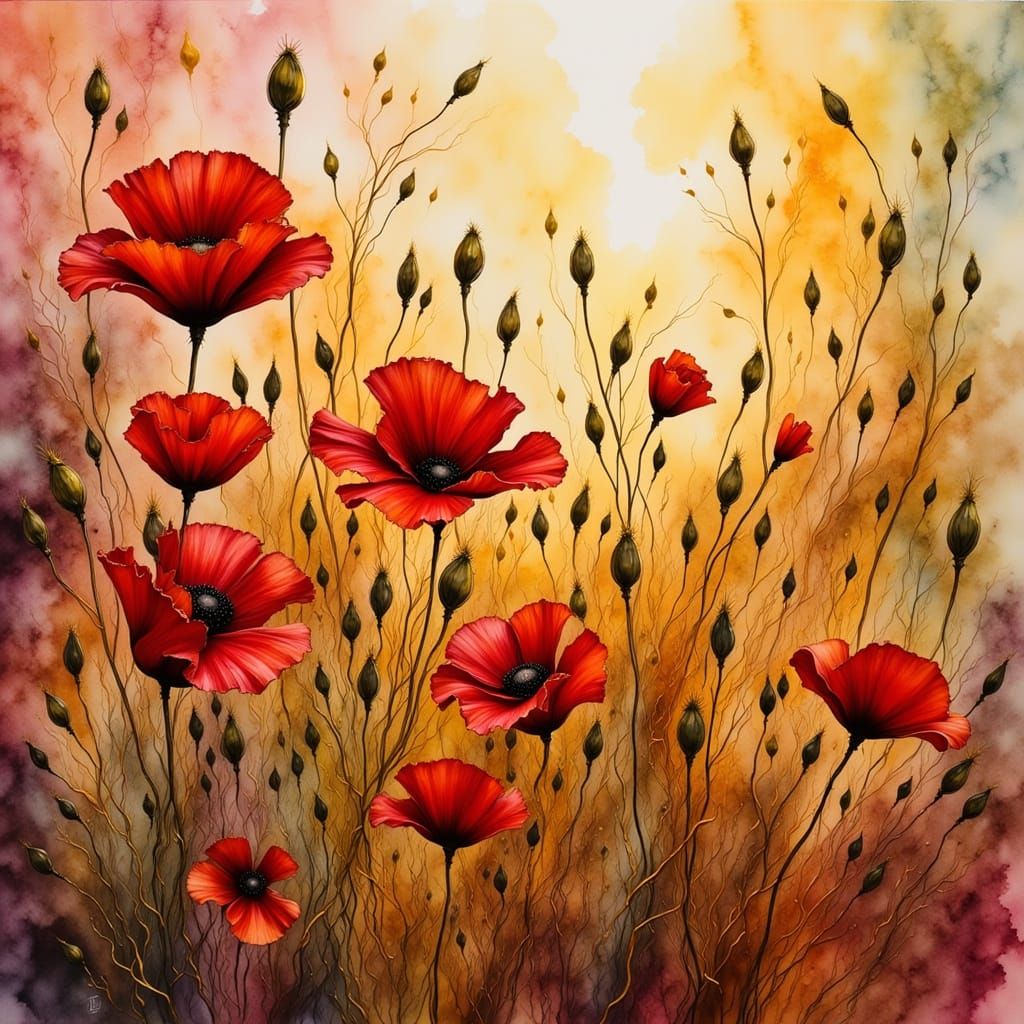Vibrant Poppy Field in Alcohol Ink Style